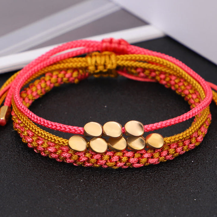 Buddha Stones 3Pcs Pink Yellow String Golden Copper Beads Wealth Bracelet - image 3