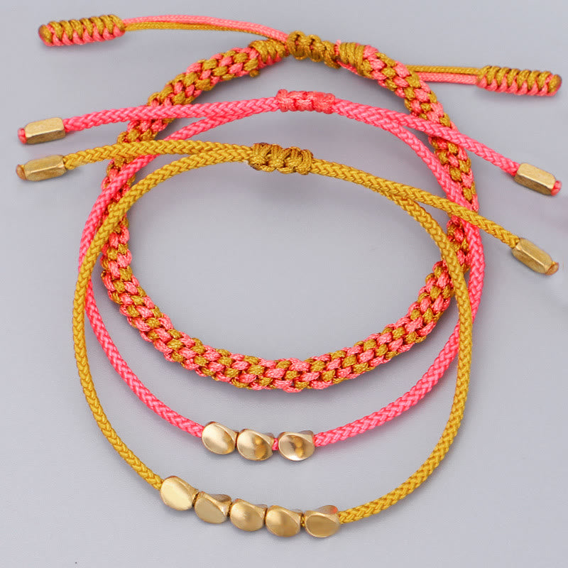 Buddha Stones 3Pcs Pink Yellow String Golden Copper Beads Wealth Bracelet - image 2