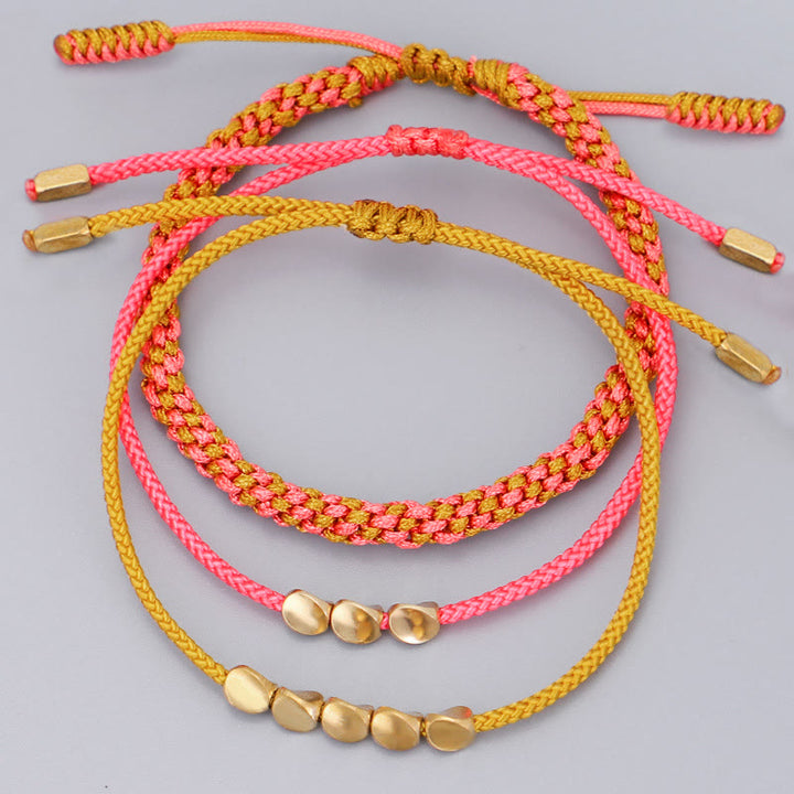 Buddha Stones 3Pcs Pink Yellow String Golden Copper Beads Wealth Bracelet - image 2