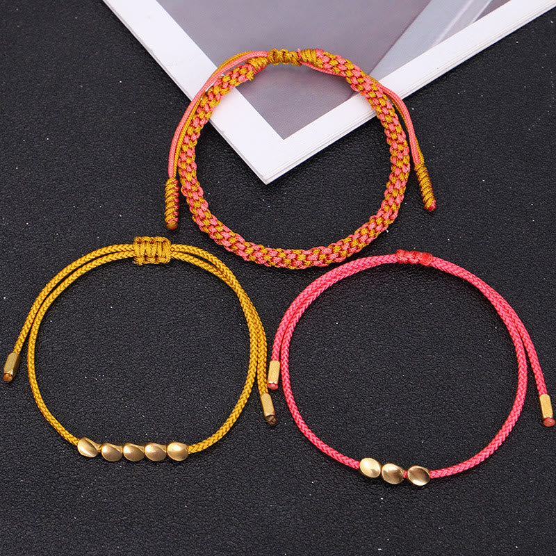 Buddha Stones 3Pcs Pink Yellow String Golden Copper Beads Wealth Bracelet - image 9