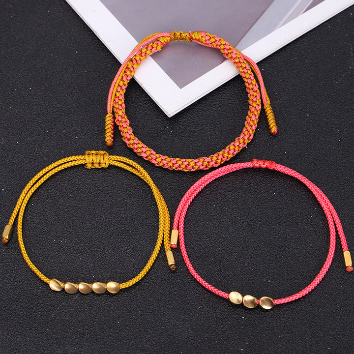 Buddha Stones 3Pcs Pink Yellow String Golden Copper Beads Wealth Bracelet - image 9