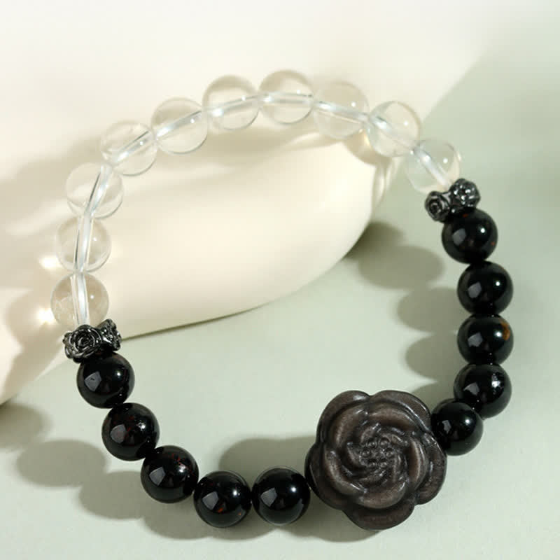 Buddha Stones Black Tourmaline Clear Quartz Carved Rose Flower Design Focus Bracelet - Black Tourmaline(Wrist Circumference 15–16cm) - image 0