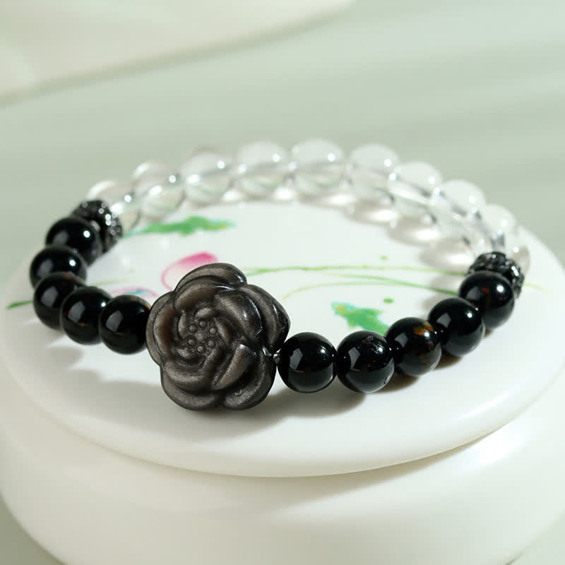 Buddha Stones Black Tourmaline Clear Quartz Carved Rose Flower Design Focus Bracelet - image 4