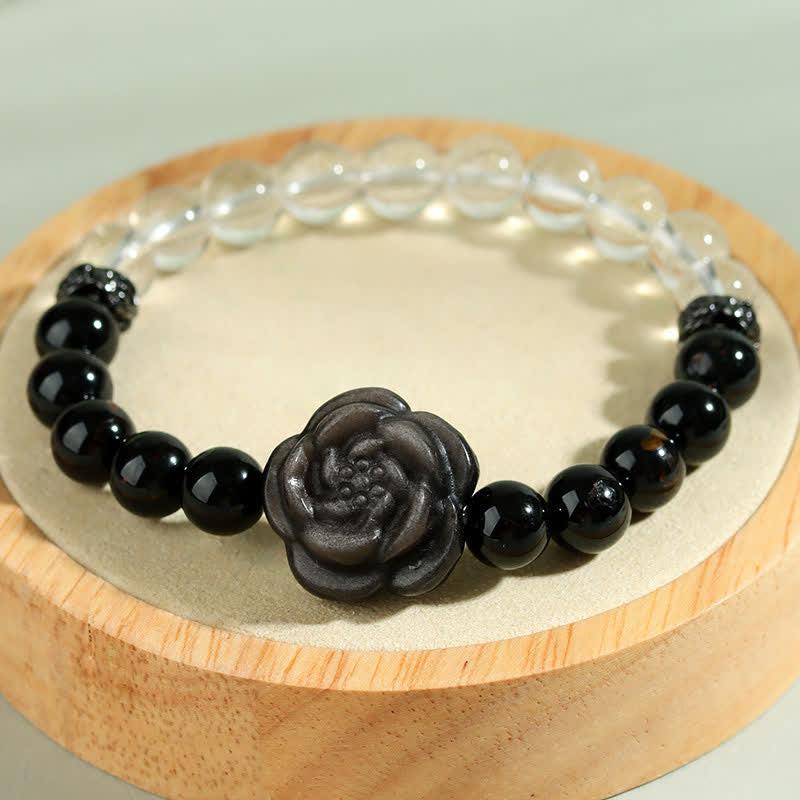 Buddha Stones Black Tourmaline Clear Quartz Carved Rose Flower Design Focus Bracelet - image 8