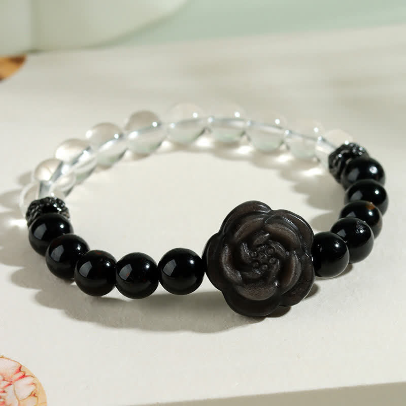 Buddha Stones Black Tourmaline Clear Quartz Carved Rose Flower Design Focus Bracelet - image 3