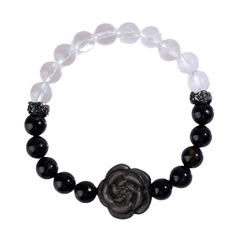 Buddha Stones Black Tourmaline Clear Quartz Carved Rose Flower Design Focus Bracelet - image 9