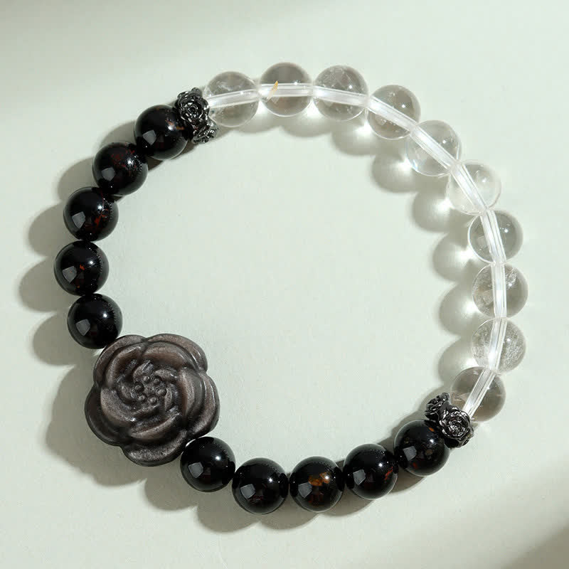 Buddha Stones Black Tourmaline Clear Quartz Carved Rose Flower Design Focus Bracelet - image 2