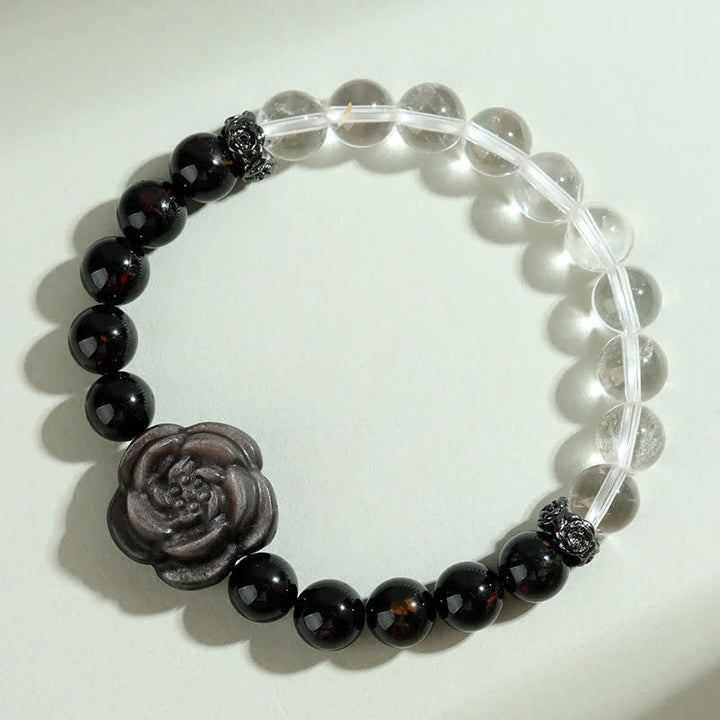 Buddha Stones Black Tourmaline Clear Quartz Carved Rose Flower Design Focus Bracelet - image 2
