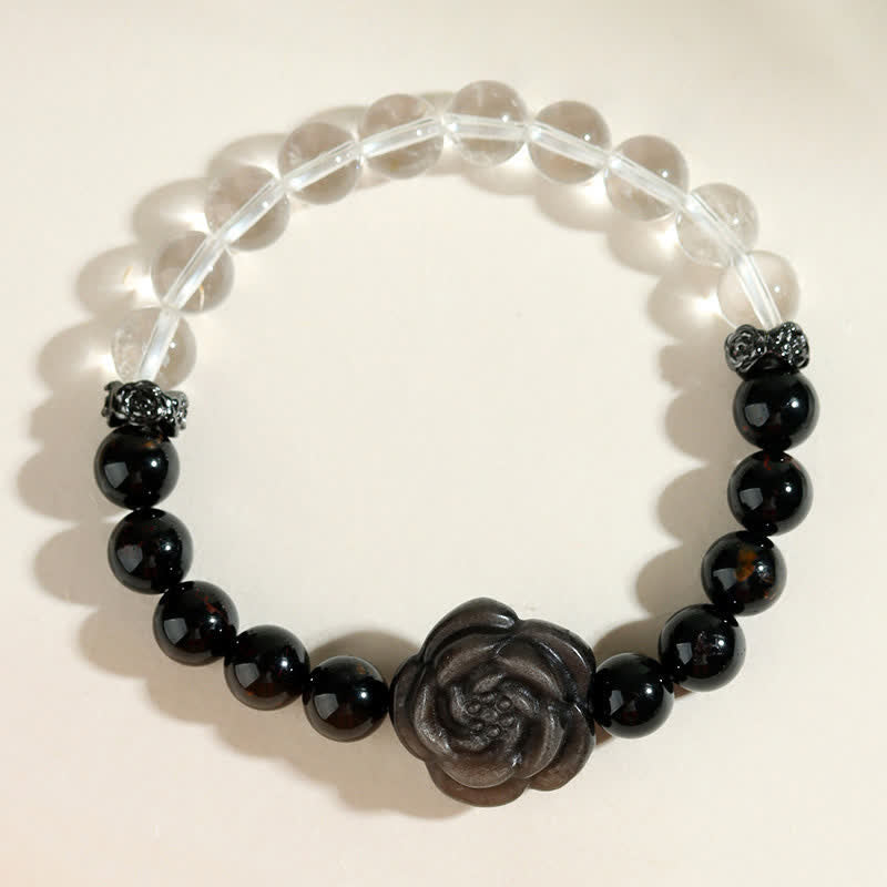 Buddha Stones Black Tourmaline Clear Quartz Carved Rose Flower Design Focus Bracelet - image 7
