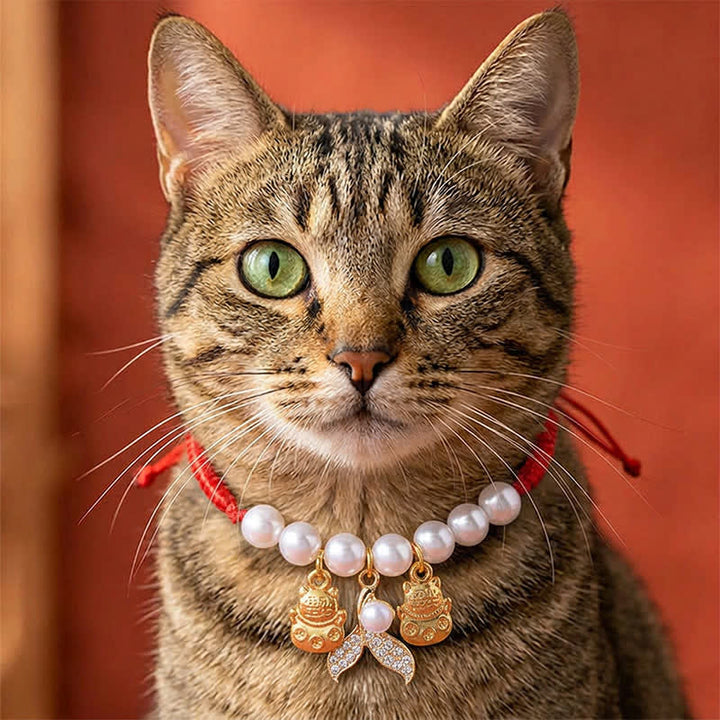 Buddha Stones Red String Plaited Pearl Fish Tail Protection Adjustable Cats Pet Collar - image 7