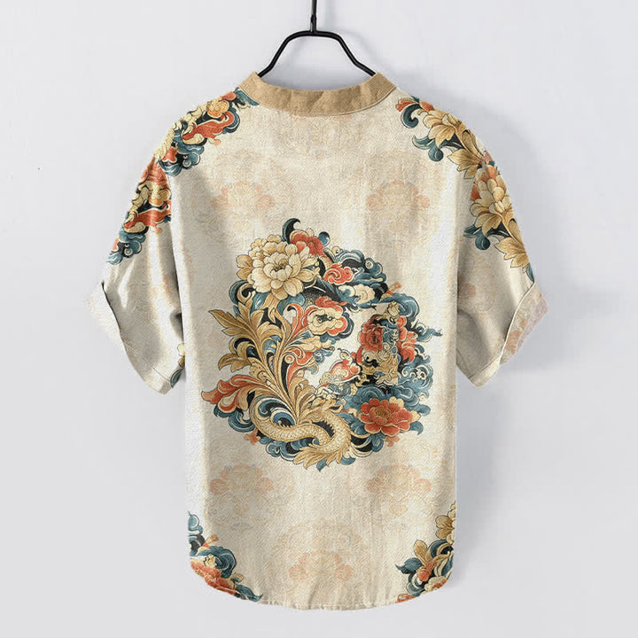 Buddha Stones Cotton Oriental Peony Phoenix Pattern Men's Short Sleeve Half Button Shirt - image 1