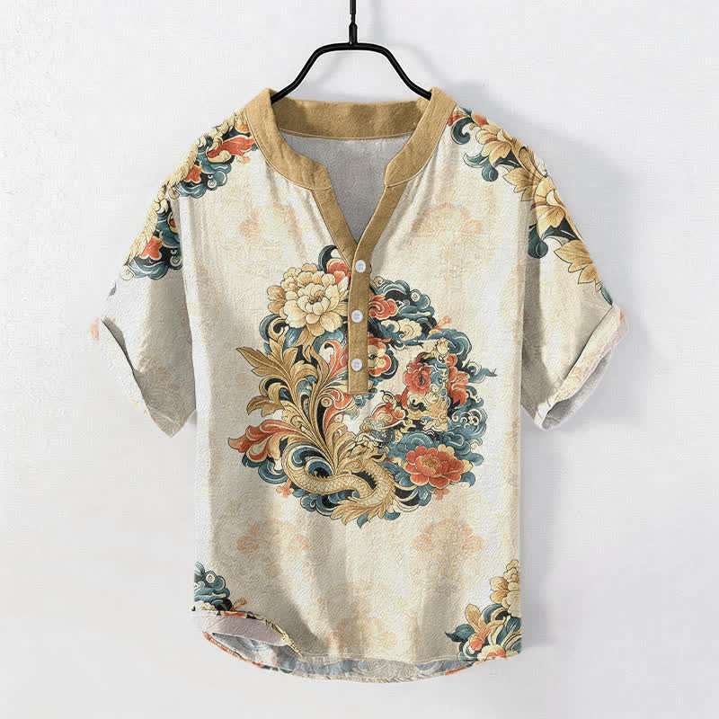 Buddha Stones Cotton Oriental Peony Phoenix Pattern Men's Short Sleeve Half Button Shirt - Beige - US/UK/AU50，EU60 (5XL) - image 0