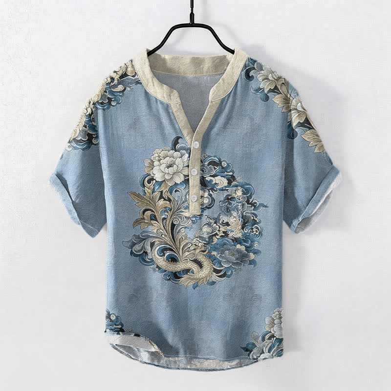 Buddha Stones Cotton Oriental Peony Phoenix Pattern Men's Short Sleeve Half Button Shirt - LightBlue - US/UK/AU50，EU60 (5XL) - image 5