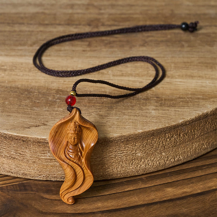Buddha Stones Guanyin Kwan Yin Avalokiteśvara Lotus Leaf Platycladus Orientalis Wood Wealth Necklace Pendant - image 5