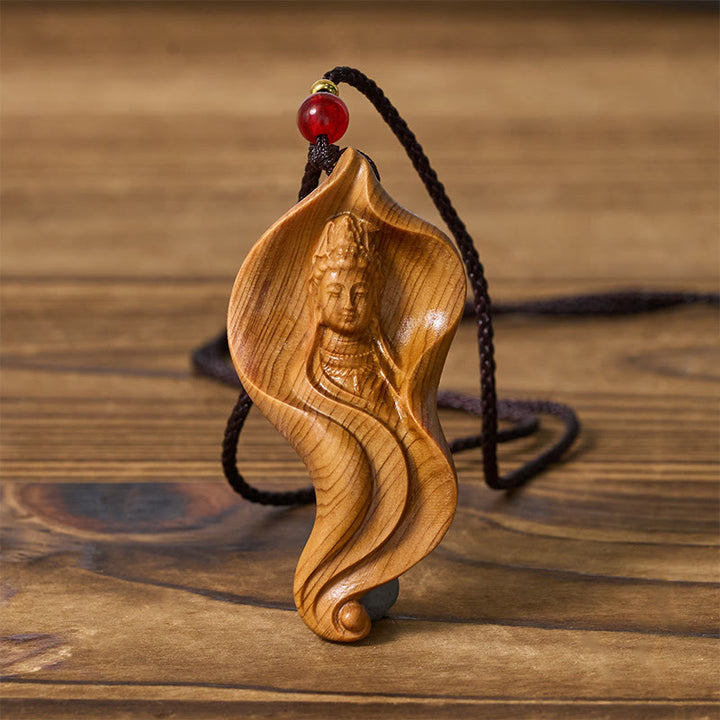 Buddha Stones Guanyin Kwan Yin Avalokiteśvara Lotus Leaf Platycladus Orientalis Wood Wealth Necklace Pendant - image 1