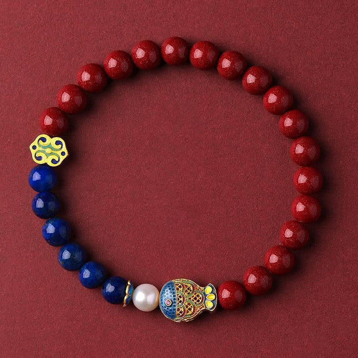 Buddha Stones Cinnabar Lapis Lazuli Koi Fish Ruyi Cloud Charm Blessing Beaded Bracelet - Cinnabar(Wrist Circumference 14-15cm) - image 0