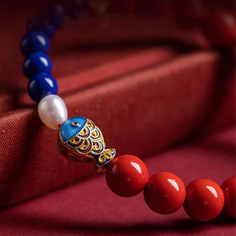 Buddha Stones Cinnabar Lapis Lazuli Koi Fish Ruyi Cloud Charm Blessing Beaded Bracelet - image 9