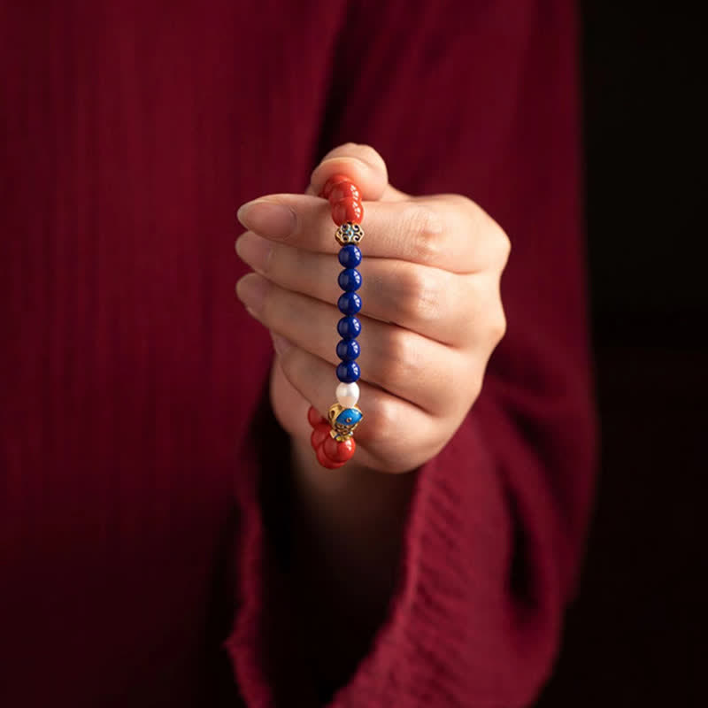 Buddha Stones Cinnabar Lapis Lazuli Koi Fish Ruyi Cloud Charm Blessing Beaded Bracelet - image 10