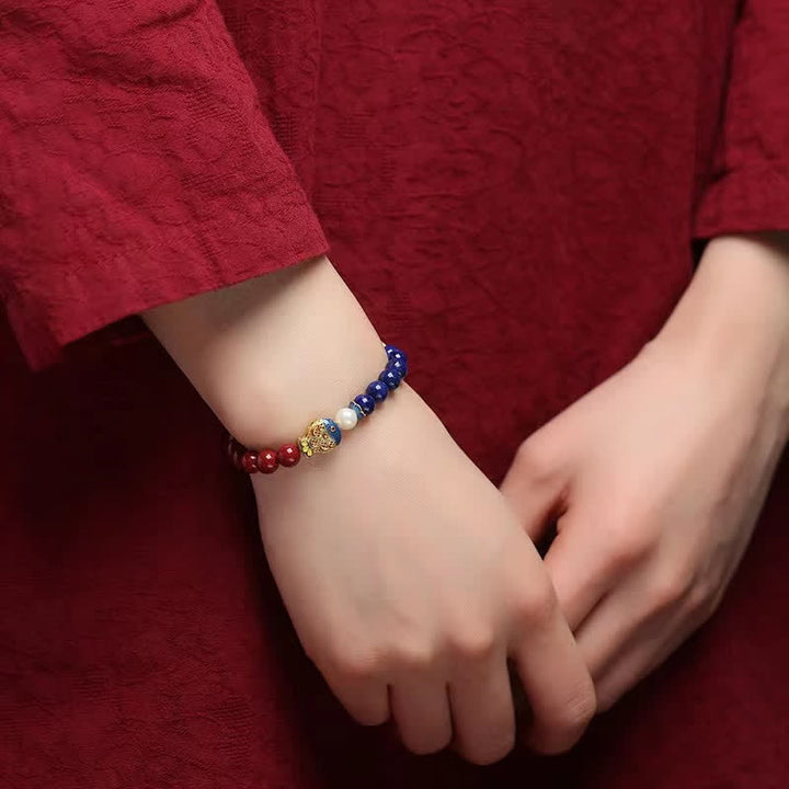 Buddha Stones Cinnabar Lapis Lazuli Koi Fish Ruyi Cloud Charm Blessing Beaded Bracelet - image 2