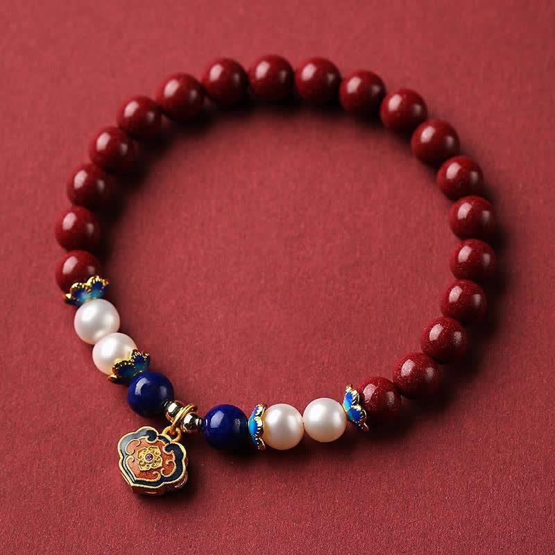Buddha Stones Cinnabar Lapis Lazuli Chinese Lock Charm Blessing Bracelet - image 1
