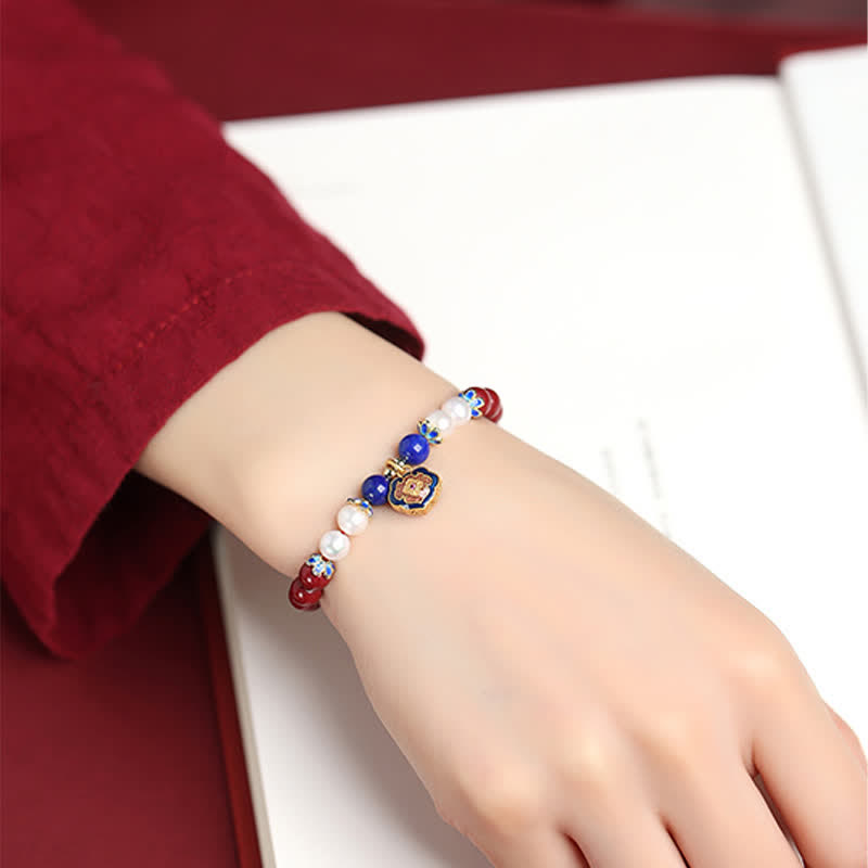 Buddha Stones Cinnabar Lapis Lazuli Chinese Lock Charm Blessing Bracelet - image 3