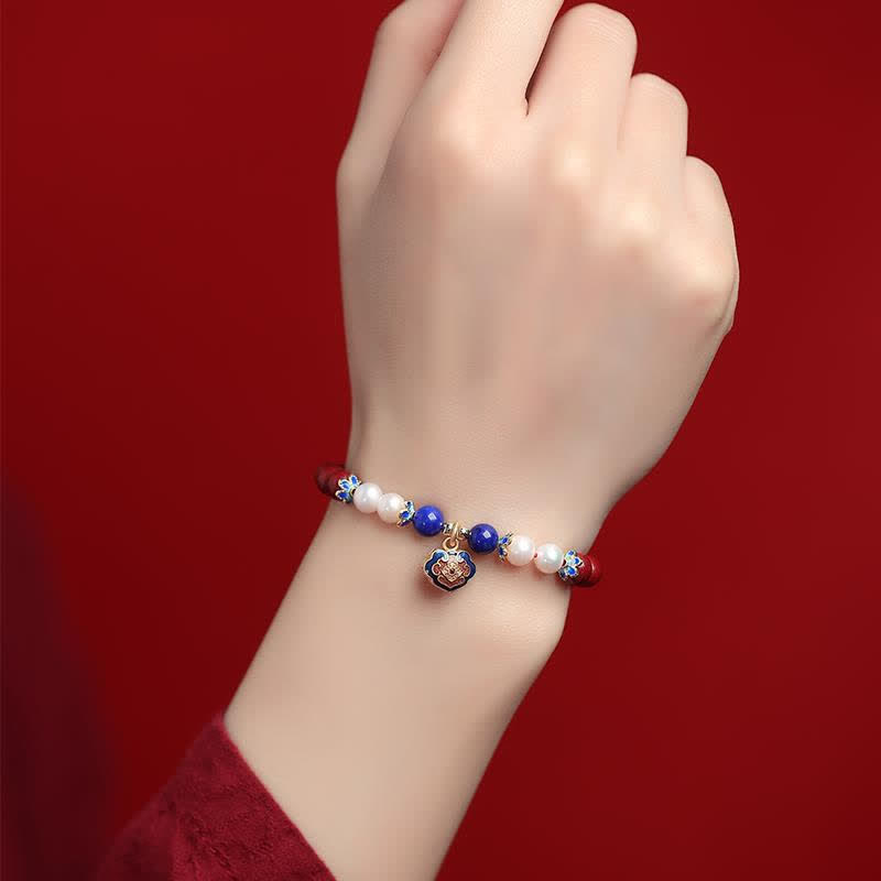 Buddha Stones Cinnabar Lapis Lazuli Chinese Lock Charm Blessing Bracelet - image 4