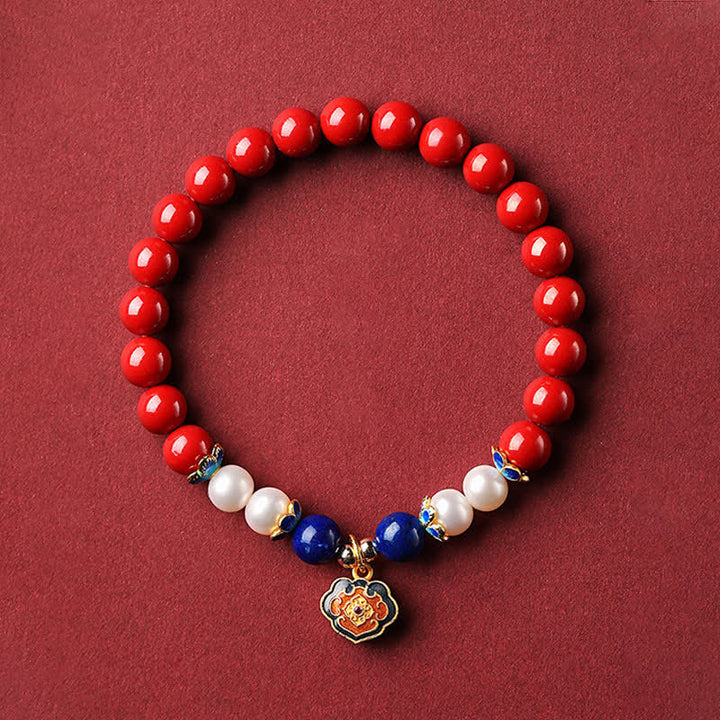 Buddha Stones Cinnabar Lapis Lazuli Chinese Lock Charm Blessing Bracelet - Imperial Cinnabar(Wrist Circumference 14-15cm) - image 9