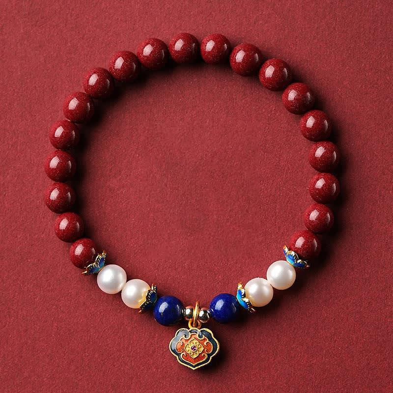 Buddha Stones Cinnabar Lapis Lazuli Chinese Lock Charm Blessing Bracelet - Cinnabar(Wrist Circumference 14-15cm) - image 0