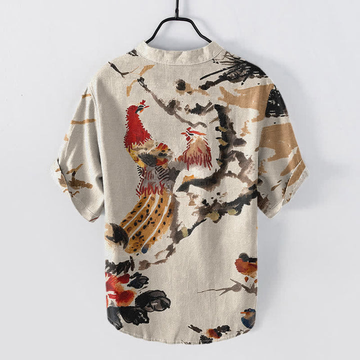 Buddha Stones Cotton Rooster Floral Ink Pattern Men's Short Sleeve Half Button Shirt - image 1