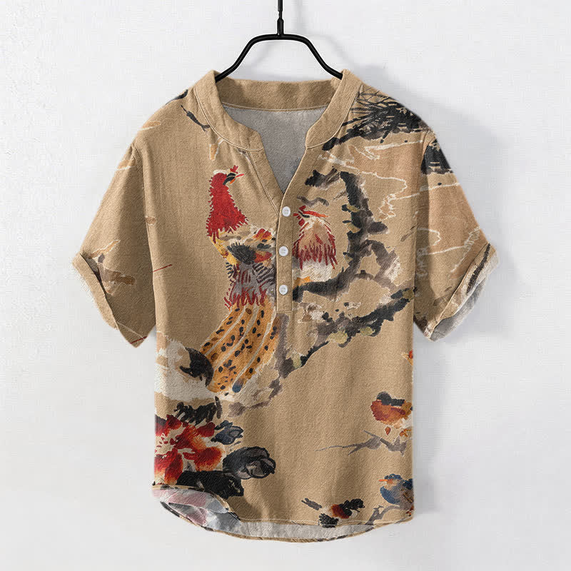 Buddha Stones Cotton Rooster Floral Ink Pattern Men's Short Sleeve Half Button Shirt - Tan - US/UK/AU50，EU60 (5XL) - image 3