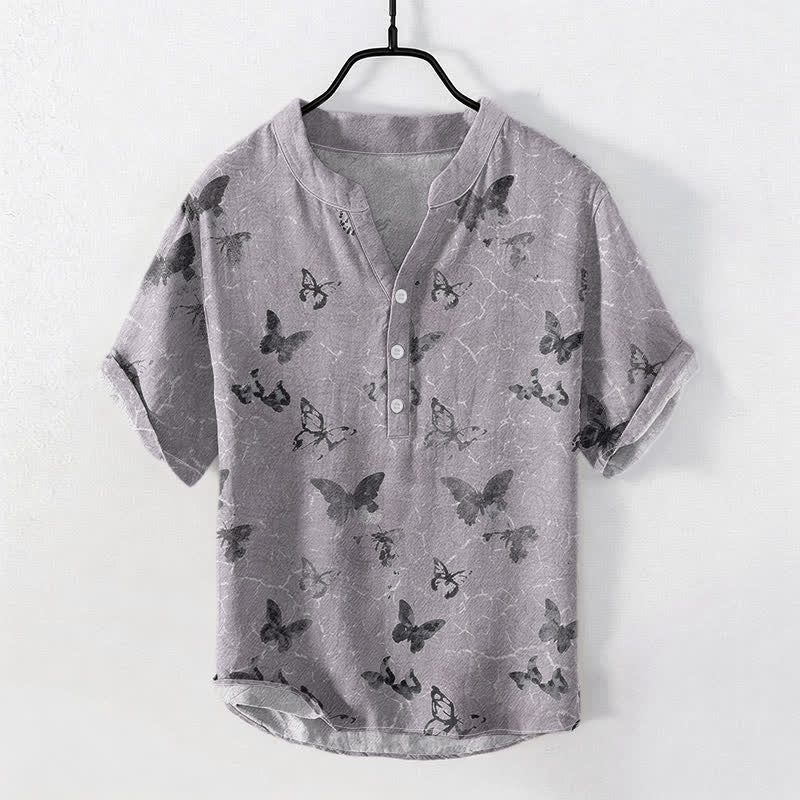 Buddha Stones Cotton Butterfly Pattern Men's Short Sleeve Half Button Shirt - Thistle - US/UK/AU50，EU60 (5XL) - image 0