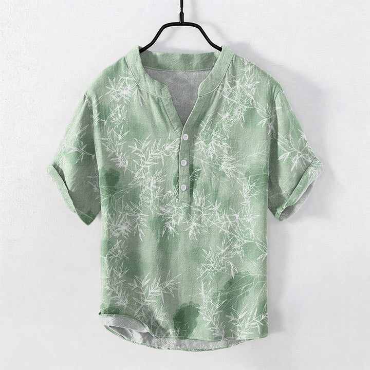 Buddha Stones Cotton Bamboo Leaf Pattern Men's Short Sleeve Half Button Shirt - LightGreen - US/UK/AU50，EU60 (5XL) - image 5
