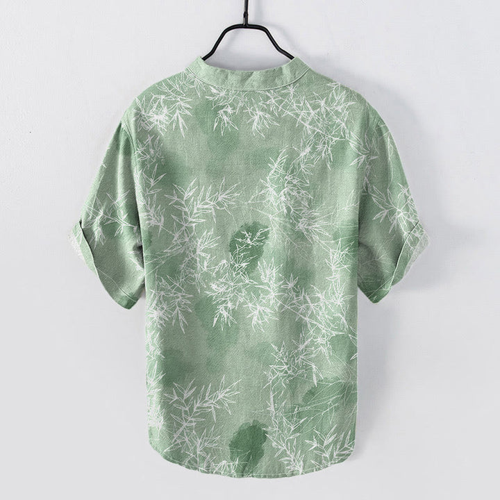 Buddha Stones Cotton Bamboo Leaf Pattern Men's Short Sleeve Half Button Shirt - image 6