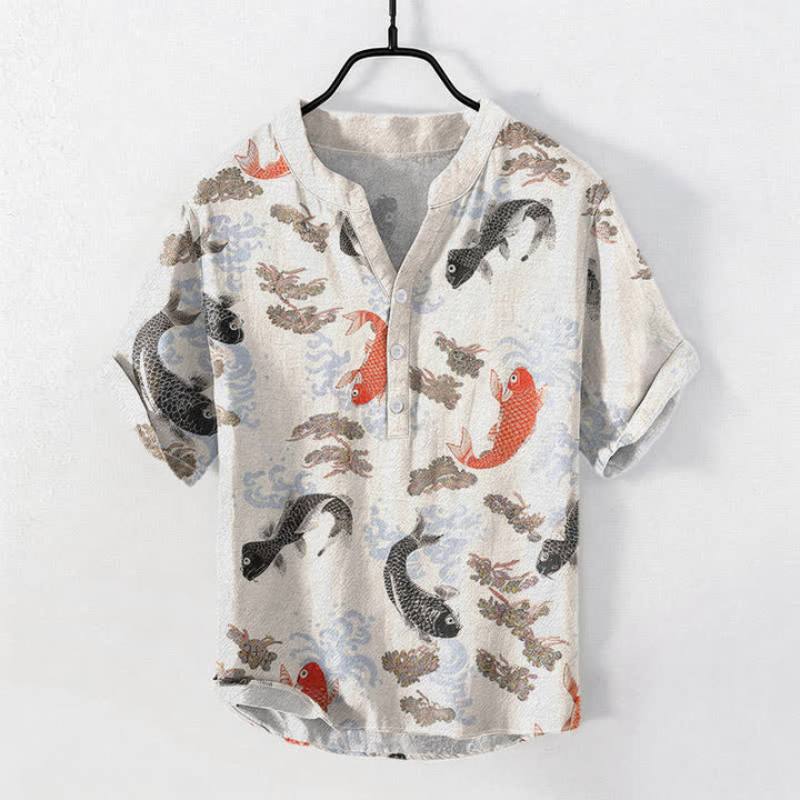 Buddha Stones Cotton Koi Fish Water Wave Pattern Men's Short Sleeve Half Button Shirt - Linen - US/UK/AU50，EU60 (5XL) - image 0