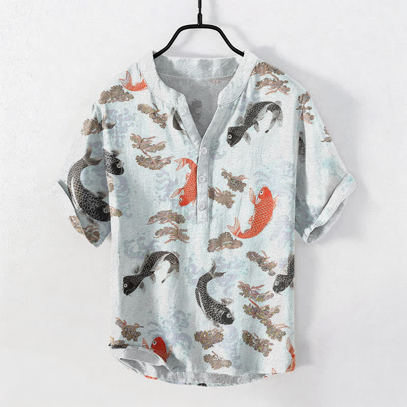 Buddha Stones Cotton Koi Fish Water Wave Pattern Men's Short Sleeve Half Button Shirt - LightCyan - US/UK/AU50，EU60 (5XL) - image 3