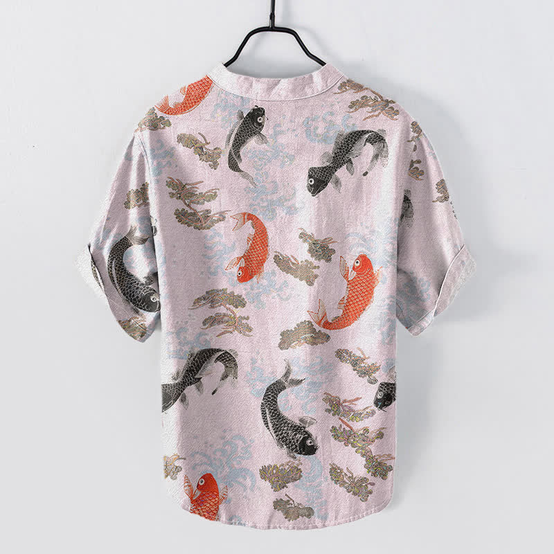 Buddha Stones Cotton Koi Fish Water Wave Pattern Men's Short Sleeve Half Button Shirt - image 6