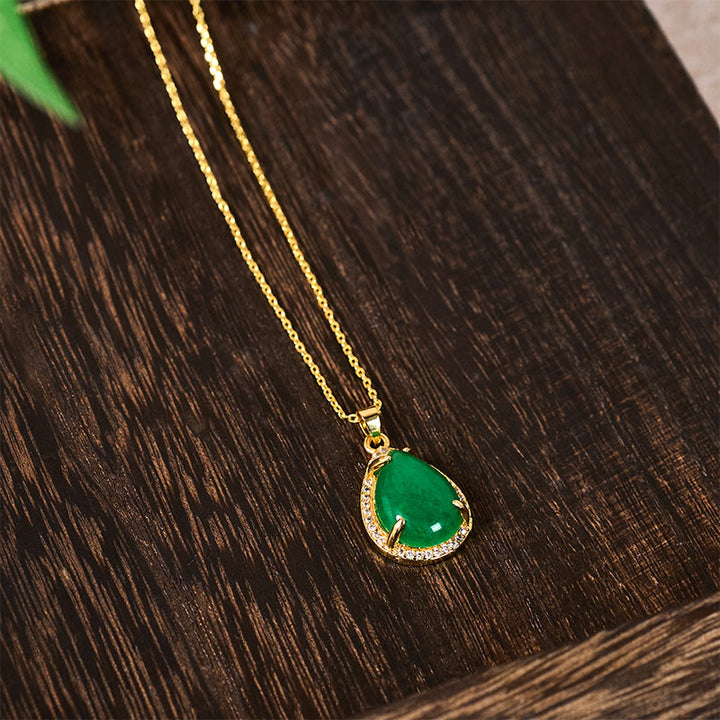 Buddha Stones 925 Sterling Silver Chain Retro Green Agate Copper Teardrop Luck Wealth Necklace Pendant - image 4