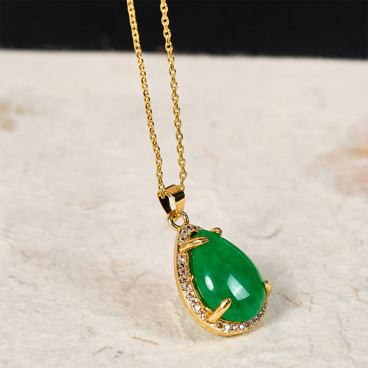 Buddha Stones 925 Sterling Silver Chain Retro Green Agate Copper Teardrop Luck Wealth Necklace Pendant - image 1