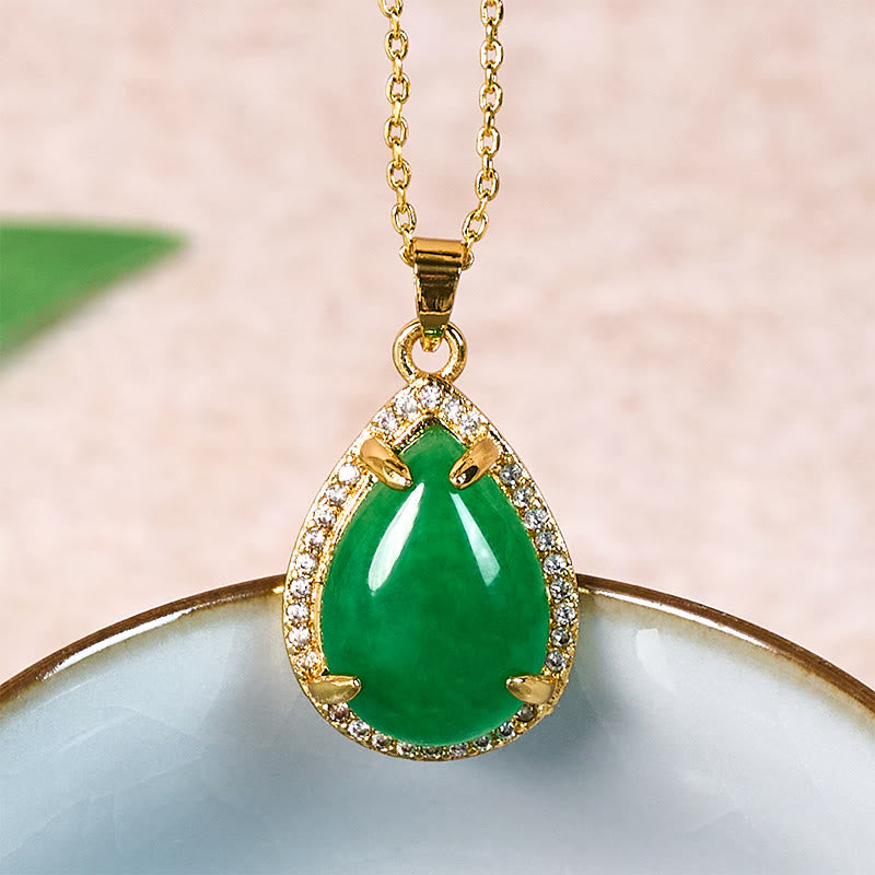Buddha Stones 925 Sterling Silver Chain Retro Green Agate Copper Teardrop Luck Wealth Necklace Pendant - Green Agate(Pendant Size: About 2*1cm) - image 0