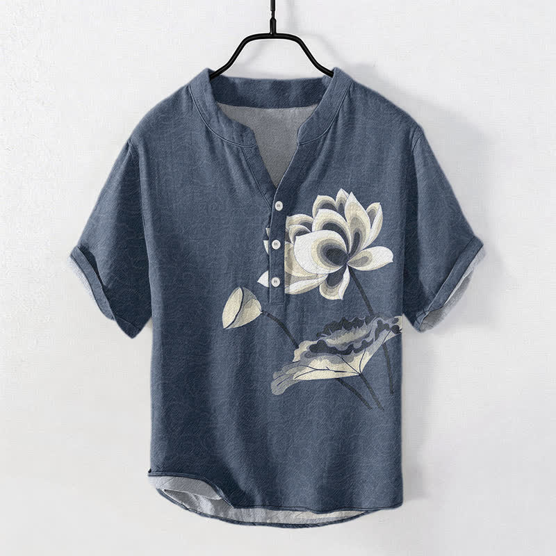 Buddha Stones Cotton Watercolor Lotus Pattern Men's Short Sleeve Half Button Shirt - SteelBlue - US/UK/AU50，EU60 (5XL) - image 5
