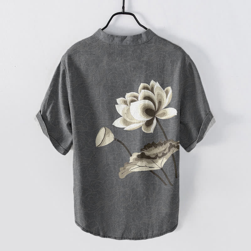 Buddha Stones Cotton Watercolor Lotus Pattern Men's Short Sleeve Half Button Shirt - image 8