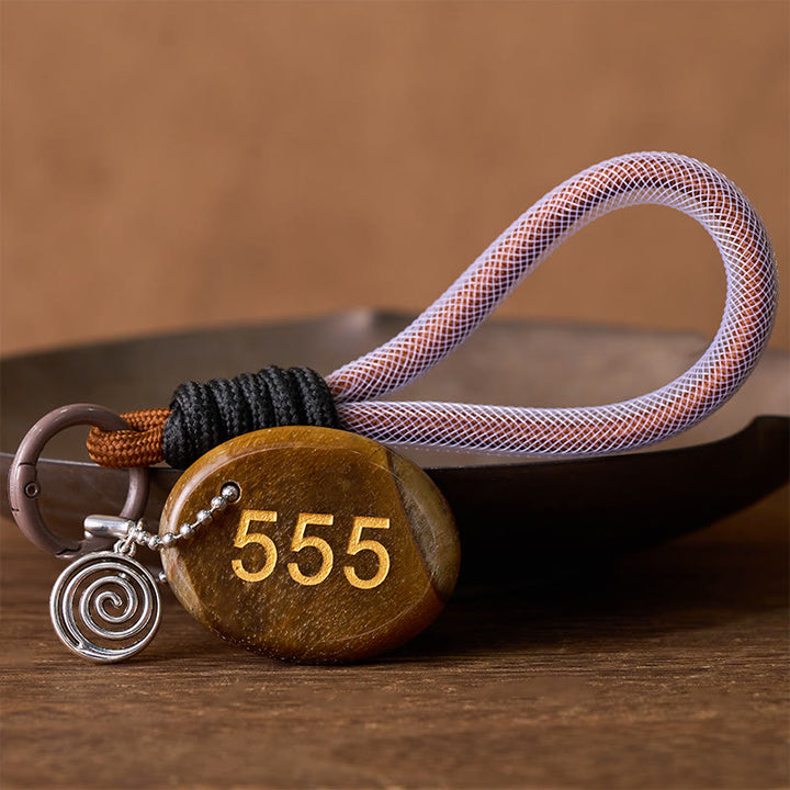 Buddha Stones "Wishing Positive Change and Freedom" 555 Angel Number Natural Tiger Eye Key Chain Hanging Decoration Includes Gift Message Card - image 1