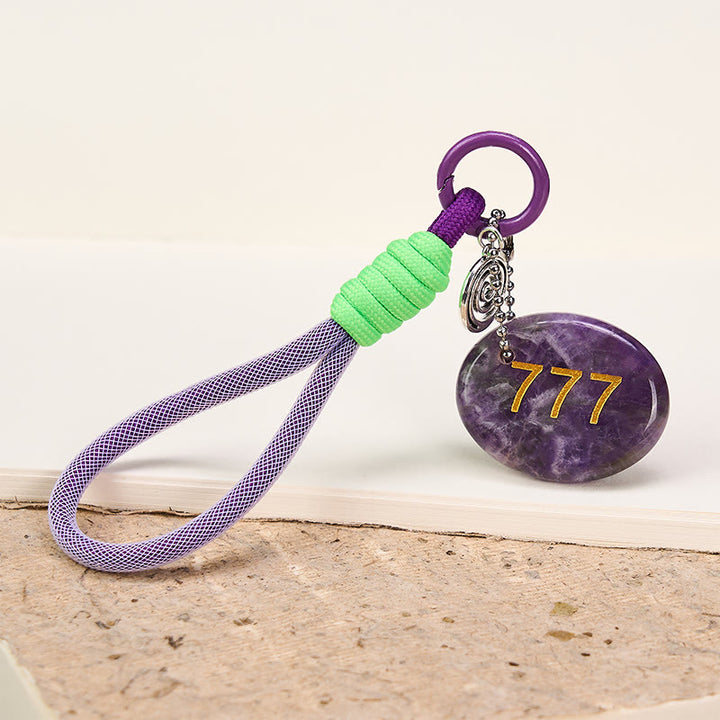 Buddha Stones "Step Into Luck and Wisdom" 777 Angel Number Natural Amethyst Key Chain Hanging Decoration Includes Gift Message Card - image 4