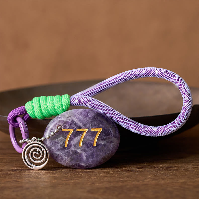 Buddha Stones "Step Into Luck and Wisdom" 777 Angel Number Natural Amethyst Key Chain Hanging Decoration Includes Gift Message Card - image 1
