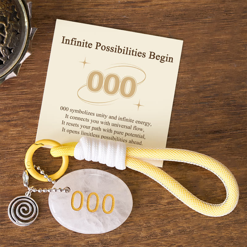 Buddha Stones "Infinite Possibilities Begin" 000 Angel Number Natural Clear Quartz Key Chain Hanging Decoration Includes Gift Message Card - White Crystal - image 0