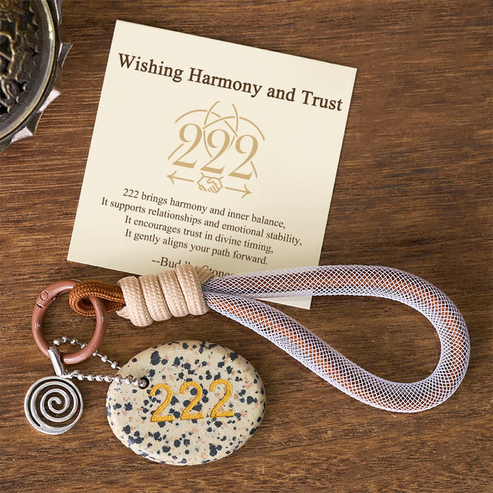 Buddha Stones "Wishing Harmony and Trust" 222 Angel Number Natural Dalmatian Jasper Key Chain Hanging Decoration Includes Gift Message Card - Dalmatian Jasper - image 0