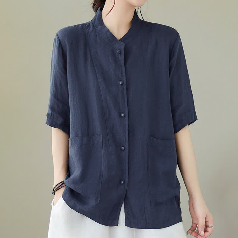 Buddha Stones Summer Minimalist Patch Pocket Button Up Solid Women's Short Sleeve Shirts With Pockets - image 11