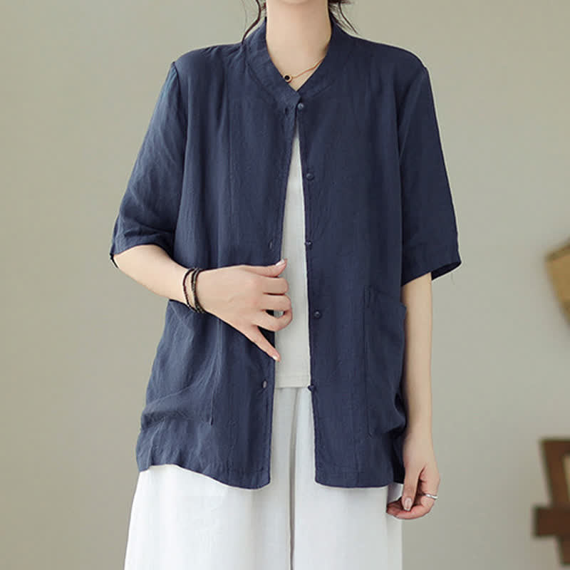 Buddha Stones Summer Minimalist Patch Pocket Button Up Solid Women's Short Sleeve Shirts With Pockets - image 14