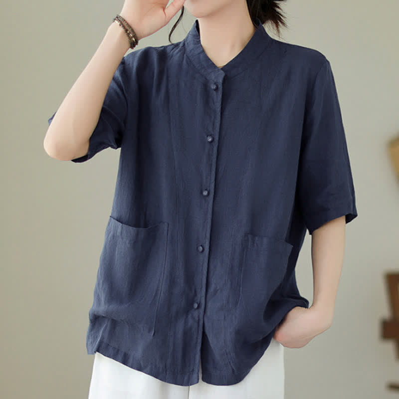 Buddha Stones Summer Minimalist Patch Pocket Button Up Solid Women's Short Sleeve Shirts With Pockets - Navy - US8-10，UK/AU12-14，EU40-42 (2XL) - image 9