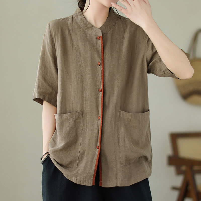 Buddha Stones Summer Minimalist Patch Pocket Button Up Solid Women's Short Sleeve Shirts With Pockets - image 19